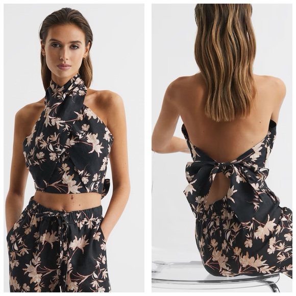 Reiss Tops - Reiss ALLY PRINTED HALTER NECK CROPPED TOP